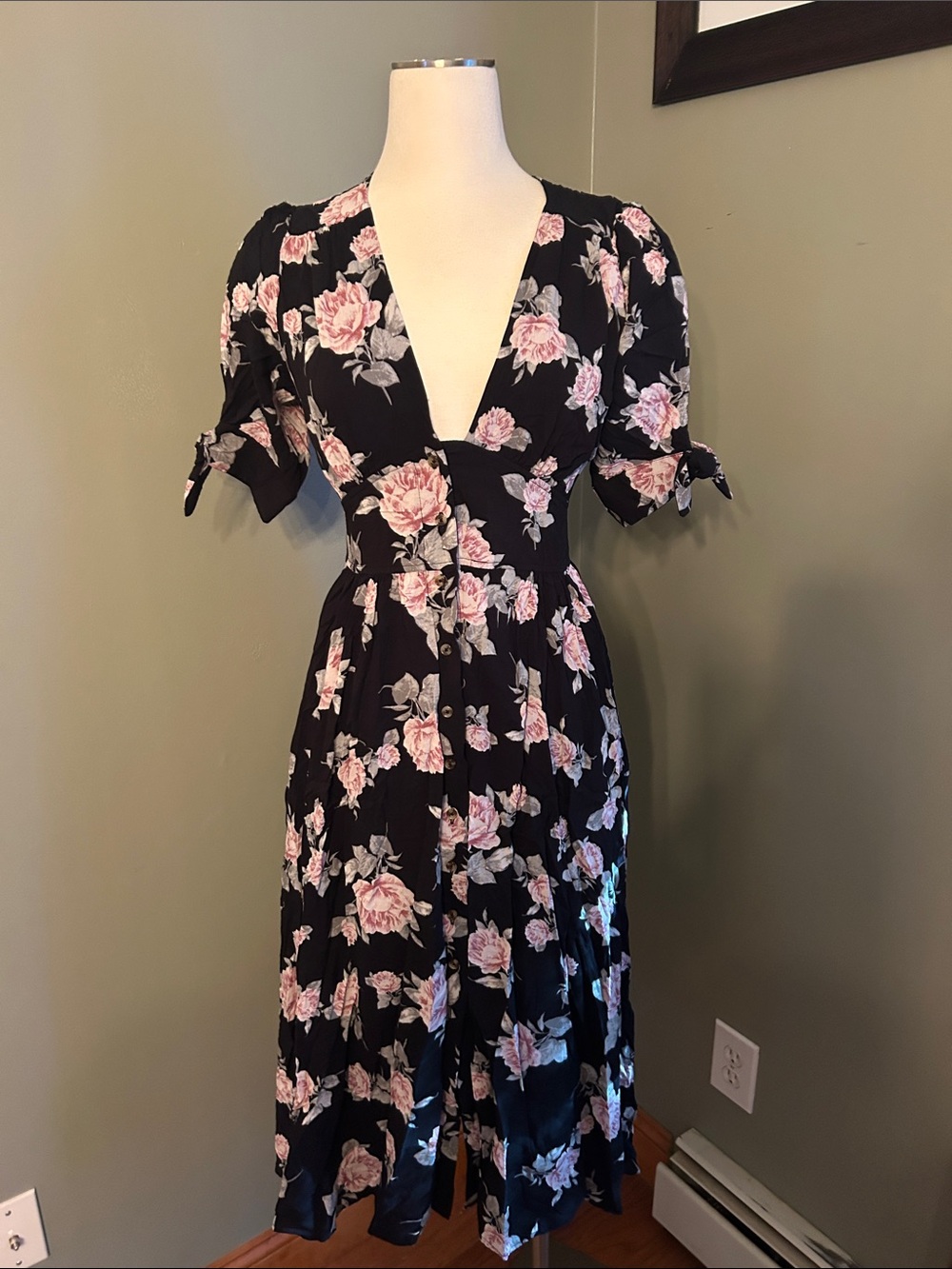 Free People Button Front  Black Midi Dress with Pink Rose Print